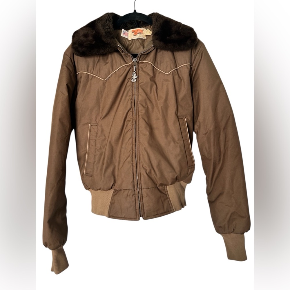 Vintage Comfy Jacket Men’s Small Tan Brown Goose Down Insulated Faux Fur USA 90s